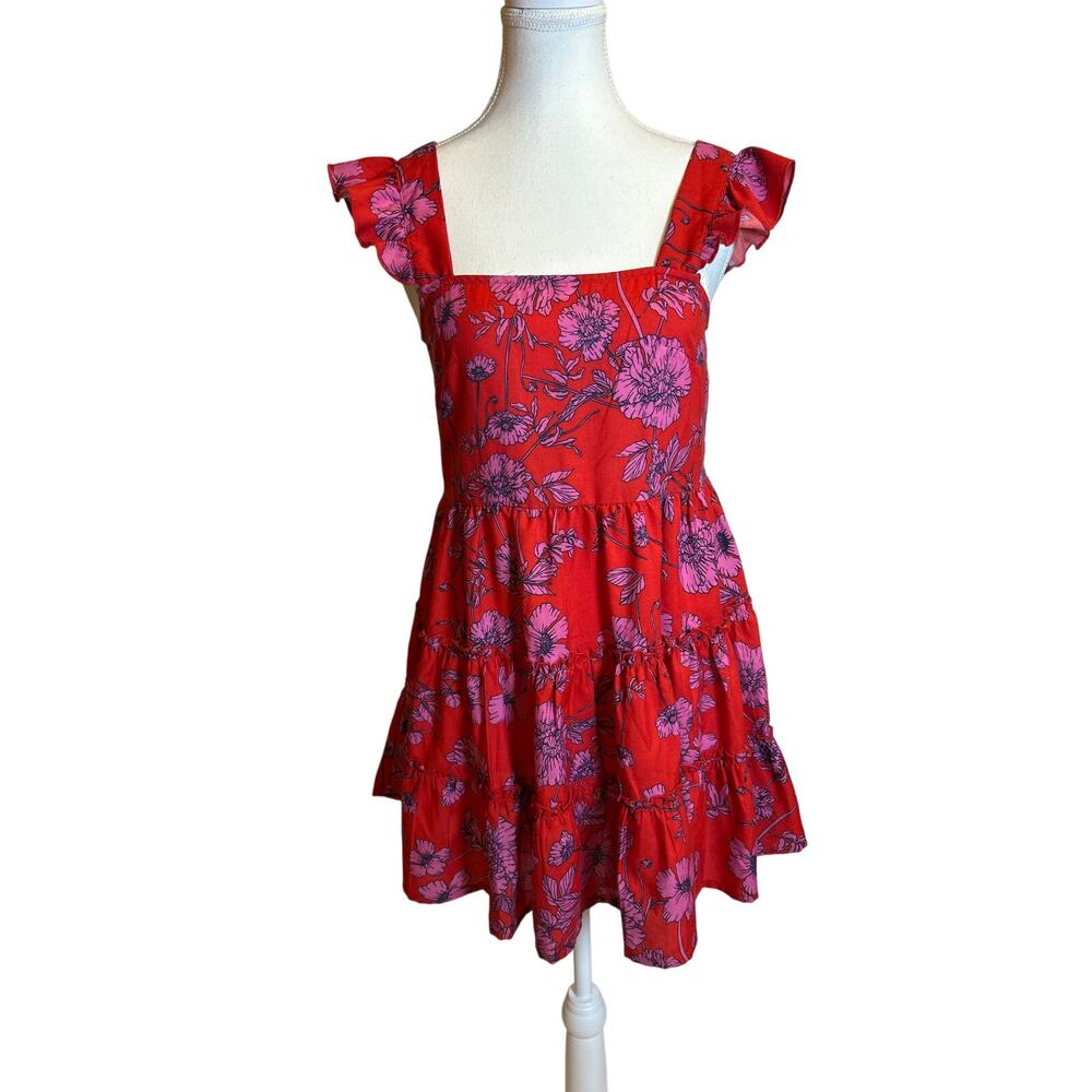 BOG Collective Band of Gypsies | Red Floral Square Neck Ruffle Tiered Dress | Sm